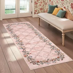 Floral Pink 2x6 Washable Runner Rugs for Hallway: Modern Floral Non Slip Large Runner Rugs for Kitchen, Large Machine Washable Hallways Low Pile Carpet with Non-Slip Backing