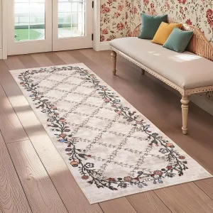 Floral Beige 2x6 Washable Runner Rugs for Hallway: Modern Floral Non Slip Large Runner Rugs for Kitchen, Large Machine Washable Hallways Low Pile Carpet with Non-Slip Backing