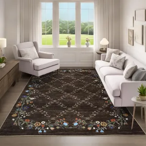 Floral Brown 10x13 Washable Area Rugs for Living Room: Modern Floral Non Slip Large Area Rugs for Bedroom, Large Machine Washable Living Room Low Pile Carpet with Non-Slip Backing