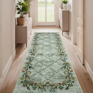 Floral Grey-Green 2x6 Washable Runner Rugs for Hallway: Modern Floral Non Slip Large Runner Rugs for Kitchen, Large Machine Washable Hallways Low Pile Carpet with Non-Slip Backing