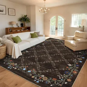 Floral Brown 8x10 Washable Area Rugs for Living Room: Modern Floral Non Slip Large Area Rugs for Bedroom, Large Machine Washable Living Room Low Pile Carpet with Non-Slip Backing