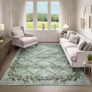 Floral Grey-Green 5x7 Washable Area Rugs for Living Room: Modern Floral Non Slip Large Area Rugs for Bedroom, Large Machine Washable Living Room Low Pile Carpet with Non-Slip Backing
