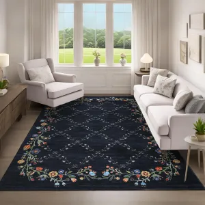 Floral Black 5x7 Washable Area Rugs for Living Room: Modern Floral Non Slip Large Area Rugs for Bedroom, Large Machine Washable Living Room Low Pile Carpet with Non-Slip Backing