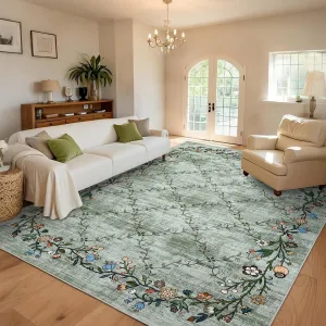 Floral Grey-Green 9x12 Washable Area Rugs for Living Room: Modern Floral Non Slip Large Area Rugs for Bedroom, Large Machine Washable Living Room Low Pile Carpet with Non-Slip Backing