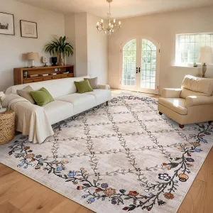 Floral Beige 10x13 Washable Area Rugs for Living Room: Modern Floral Non Slip Large Area Rugs for Bedroom, Large Machine Washable Living Room Low Pile Carpet with Non-Slip Backing