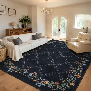 Floral Black 9x12 Washable Area Rugs for Living Room: Modern Floral Non Slip Large Area Rugs for Bedroom, Large Machine Washable Living Room Low Pile Carpet with Non-Slip Backing