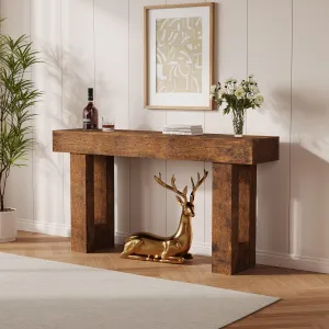 63" Farmhouse Minimalist Console Table in T-Shaped Design with Open Shelves for Entryway and Living Room, Rustic Brown