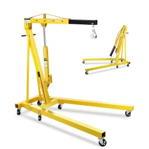 2-Ton Folding Engine Hoist Hydraulic Crane with 6 Swivel Wheels Adjustable Boom Reinforced Steel Rust-Resistant Portable Garage Workshop Yellow