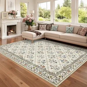 Floral 9x12 Area Rugs Soft Washable Non-Slip Accent Carpet for Living Room Bedroom Beige Sand