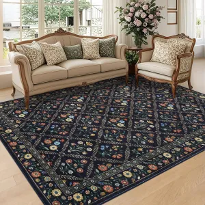 Large Area Rugs 10x13 Washable Rug Navy & Black Floral Carpet Soft Non Slip Low Pile Faux Wool for Bedroom Kitchen Bathroom