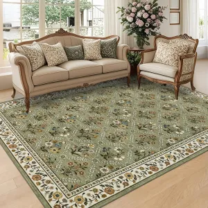 8x10 Washable Large Living Room Rug Water Resistant Distressed Vintage Floral Rug Non Slip Low Pile Soft Green
