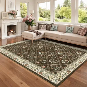 8x10 Washable Large Living Room Rug Water Resistant Distressed Vintage Floral Non Slip Low Pile Soft Rug Brown Natural