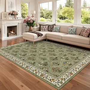 Large Area Rugs 10x13 Washable Floral Carpet Green Soft Non Slip Low Pile Faux Wool for Bedroom Kitchen Bathroom Laundry
