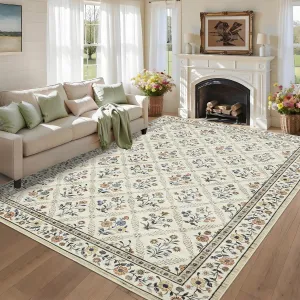 Large Area Rugs 10x13 Washable Floral Carpet Beige Sand Soft Non Slip Low Pile Faux Wool for Bedroom Kitchen Bathroom Laundry