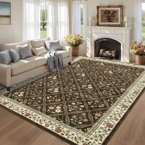 Floral Area Rug 9x12 Soft Washable Faux Wool Non-Slip Low Pile Polyester for Living Room Bedroom Office
