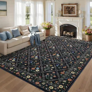 8x10 Washable Large Living Room Rug Water Resistant Floral Non Slip Low Pile Soft Navy & Black