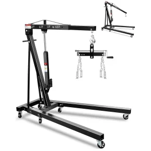 2-Ton Hydraulic Engine Hoist Crane, 4400 lbs Folding Heavy-Duty Cherry Picker with Lever, 6 Locking Wheels, and 4 Boom Positions for Truck/SUV Engines, Garage, Workshop, and Industrial Lifting, Black