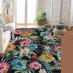Bedroom Rug Washable Non Slip Low Pile Boho Floral Carpet 2x6ft Black