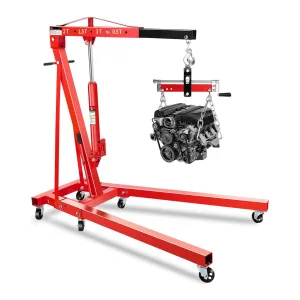 2-Ton Hydraulic Engine Hoist Crane with 6-Wheel Stability, Folding Design, Military-Grade Steel, Locking Brakes, Adjustable Boom - Garage & Workshop, Red