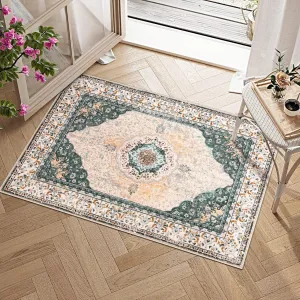 Boho Vintage Floral Area Rug 2x3 Washable Soft Faux Lamb Velvet Non-Slip Carpet for Bedroom Bathroom Kitchen Entryway Office