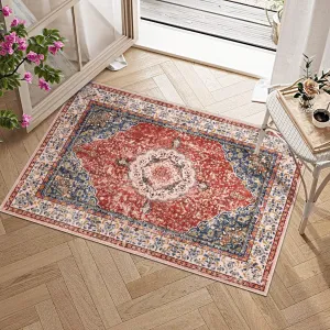 Boho Vintage Floral Area Rug Washable Non-Slip 2x3 Soft Faux Lamb Velvet for Living Room Bedroom Bathroom Kitchen