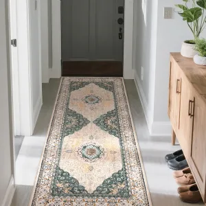 Boho Vintage Floral Area Rug 2x6 Washable Soft Faux Lamb Velvet Carpet for Bedroom Bathroom Dining Room Kitchen Entryway Office