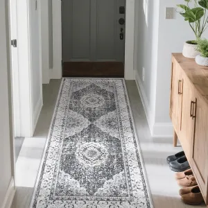 Boho Vintage Floral Area Rug 2x6 Washable Soft Faux Lamb Velvet with TPR Non-Slip Backing for Bedroom, Bathroom, Dining Room, Kitchen, Entryway & Office