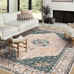 Area Rug | Rugs for Living Room | Washable – 5x7 Boho Vintage Floral Area Rugs, Soft Faux Lamb Velvet Rug & TPR Non-Slip Backing Carpet for Bedroom,Bathroom, Dining Room, Kitchen, Entryway & Office