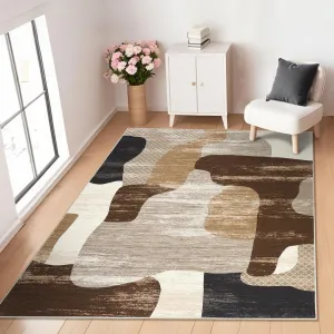 Modern Brown 9x12 Abstract Area Rugs - Washable, Stain Resistant - Soft Low Pile, Non-Slip Backing - Brown - Living Room, Bedroom, Nursery