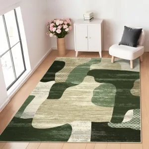 Modern Green 9x12 Abstract Area Rugs- Washable, Non-Slip, Soft Touch Low Pile, Stain-Resistant Carpet for Bedroom & Living Room
