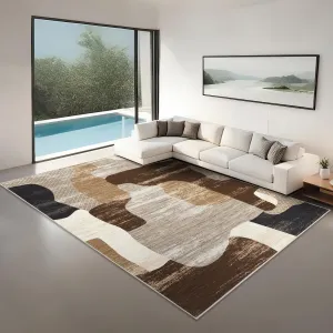 Modern Brown 10x13 Abstract Area Rugs - Soft Low Pile, Non-Slip Backing - Washable, Lightweight Foldable - Brown - Living Room, Bedroom, Office