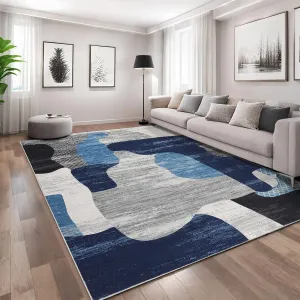 Modern Blue 9x12 Abstract Area Rug - Washable, Stain Resistant - Soft Touch Low Pile - Non-Slip Backing - Living Room, Bedroom