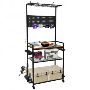 Fishing Rod Holders 3-Tier Rack for Garage, Holds 12 Rods, Iron & Wood, Black