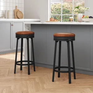 30" Swivel Bar Stools Set of 2, PU Leather Upholstery, 360° Swivel & Footrest, Metal Frame, Backless Design for Kitchen Island & Home Bar, Brown
