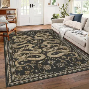 Snakes & Floral Washable Rug Dark Grey 4x6 - Non-Slip Low-Pile Area Rug for Living Room, Stain-Resistant Machine Washable Carpet