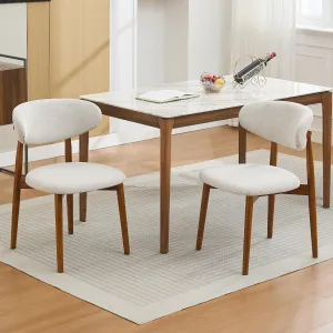 Wooden Dining Chairs Set of 2 Mid Century Modern Fabric Upholstered Padded Seat Wood Legs Beige for Kitchen Dining Room