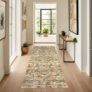 Modern Floral Brown 2x6 Area Rug Washable Kitchen Runner Rug Stain Resistant Easy Cleaning Throw Carpet With Non-Slip Backing Non Shedding Low Pile Floor Cover For Hallway Laundry Bedroom