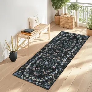 Modern Floral Black 2x6 Rug Washable Kitchen Runner Rug Stain Resistant Easy Cleaning Throw Carpet With Non-Slip Backing Non Shedding Low Pile Floor Cover For Hallway Laundry Bedroom