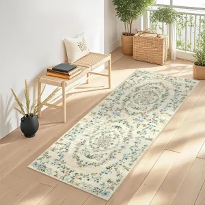 Modern Floral Beige 2x6 Rug Washable Kitchen Runner Rug Stain Resistant Easy Cleaning Throw Carpet With Non-Slip Backing Non Shedding Low Pile Floor Cover For Hallway Laundry Bedroom