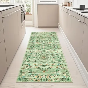 Modern Floral Green 2x6 Area Rug Washable Kitchen Runner Rug Stain Resistant Easy Cleaning Throw Carpet With Non-Slip Backing Non Shedding Low Pile Floor Cover For Hallway Laundry Bedroom