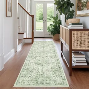 Vintage Floral Runner Rug 2x6 Washable Retro Oriental Printed Carpet Low Pile Thin Entryway Rug Green