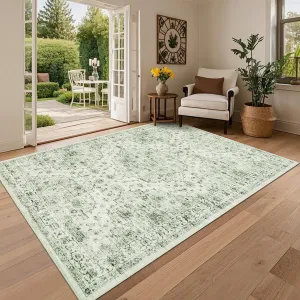 8x10 Vintage Washable Rug Non-Slip Floral Print Accent Rug for Living Room Nursery Bedroom Green