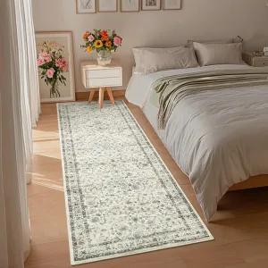 Vintage Floral Runner Rug 2x6 Washable Non-Shedding Low Pile Entryway Hallway Carpet Beige