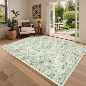 Extra Large Washable Area Rug 10x13 Vintage Floral Living Room Rug Green Non Slip Ultra Soft Thin Carpet