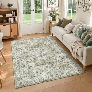 Extra Large Washable Area Rug 10x13 Vintage Floral Living Room Rug Brown Non Slip Ultra Soft Thin Carpet Foldable Low Pile