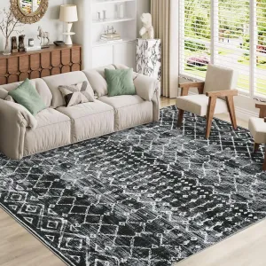 9x12 Living Room Area Rug Washable Non Slip Geometric Low Pile Black Carpet for Dining Room Indoor Home Office