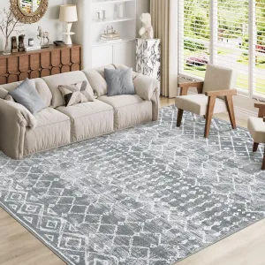 5x7 Grey Living Room Rugs Geometric Washable Non Slip Low Pile Indoor Farmhouse Carpet