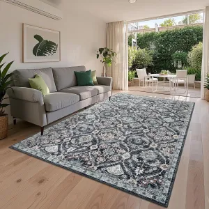 Trellis Washable Area Rug 5x7 Non-Slip Indoor Rug Blue Black, Low Pile Stain-Resistant Carpet for Living Room Bedroom Office