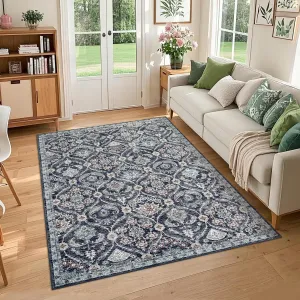 8x10 Washable Area Rug Vintage Trellis Navy for Living Room Study Room Playroom, Non-Slip, Stain Resistant, Distressed Medallion Carpet