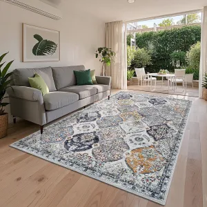 5x7 Washable Area Rug Medallion Distressed Indoor Floor Carpet Low Pile Non-Slip Vintage Accent Rug Teal Orange